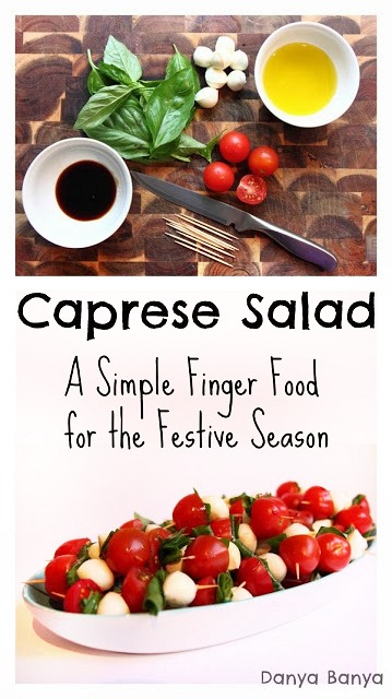 Caprese salad: a simple finger food for the festive season. Great to bring along to Christmas parties, especially with the red, white and green colours!