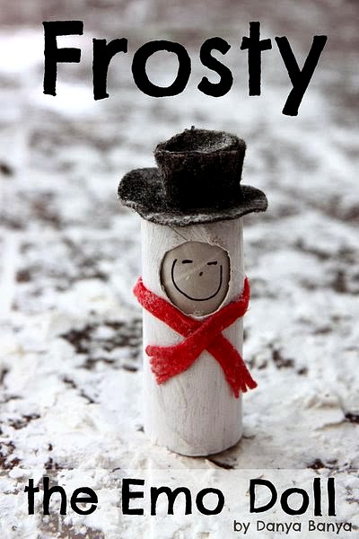 Frosty the Snowman 'emo' toilet paper roll doll, with changeable facial expressions to encourage emotional imaginative play. Great for Christmas or a winter theme.`