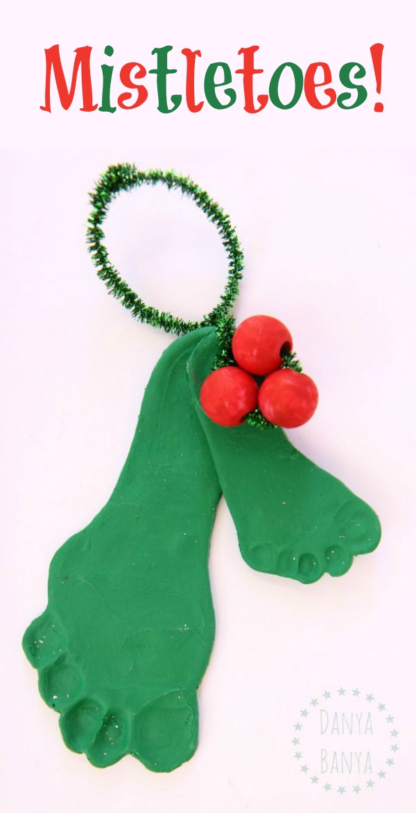 Mistletoes - cute diy baby and toddler sibling footprint mistletoe polymer clay Christmas ornament keepsake