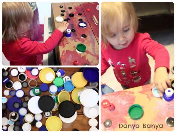 Toddler gluing bottletops