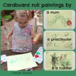 Cardboard roll paintings by a mum a preschooler and a toddler