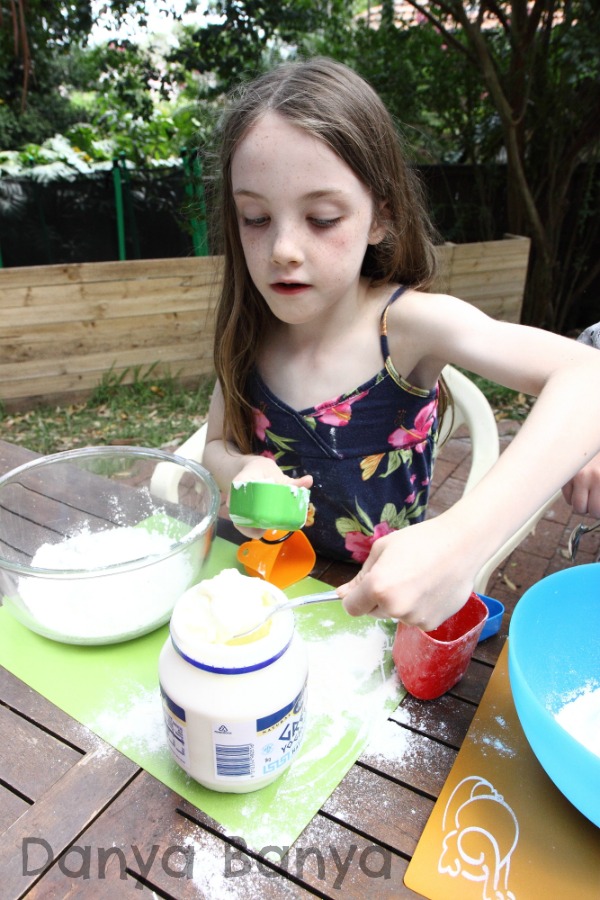 One cup of flour and two thirds of a cup of yoghurt