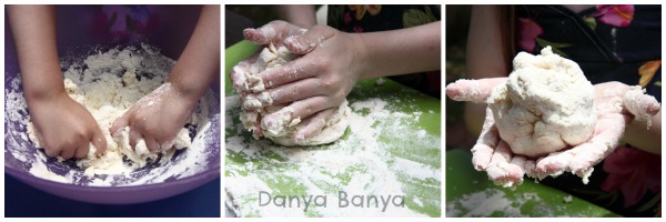 Squishing, squeezing and kneading the bread dough