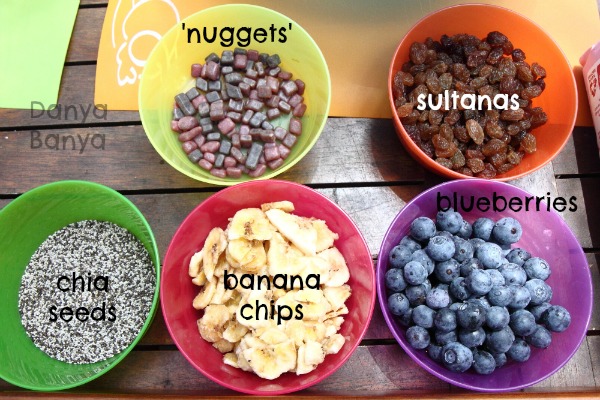 nuggets, sultanas, chia seeds, banana chips, blueberries