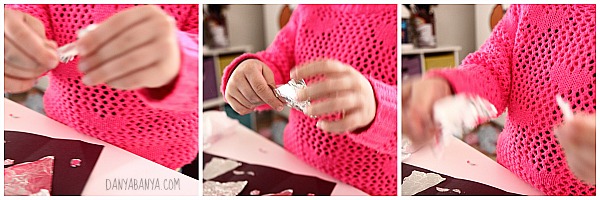 Learning to tear foil, great fine motor play