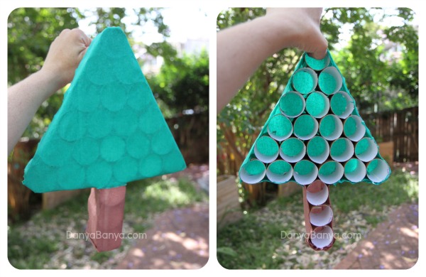 Front and back of the toilet paper roll Christmas tree