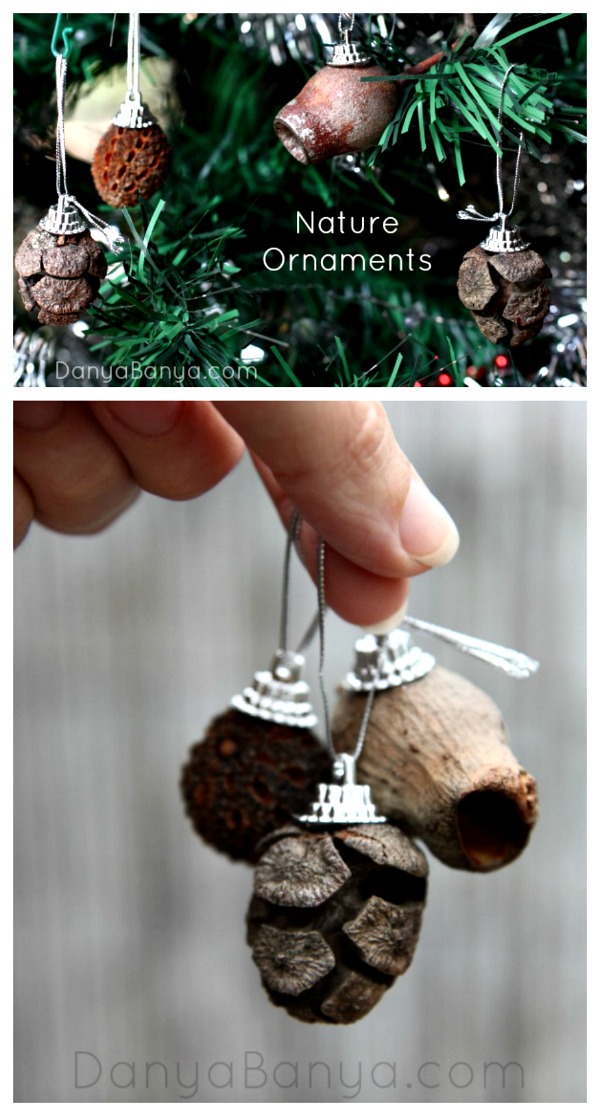 Easy DIY nature Christmas ornamants using seed pods, gumnuts and other natural items
