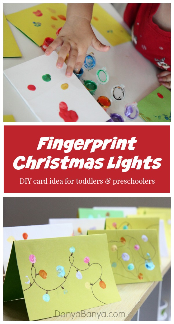 Fingerprint Christmas lights DIY card idea for toddlers and preschoolers ~ Danya Banya