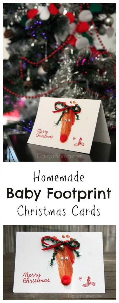 Homemade baby footprint Rudolph the Red-Nosed Reindeer Christmas cards or keepsake. Love how the teeny toes are the antlers!