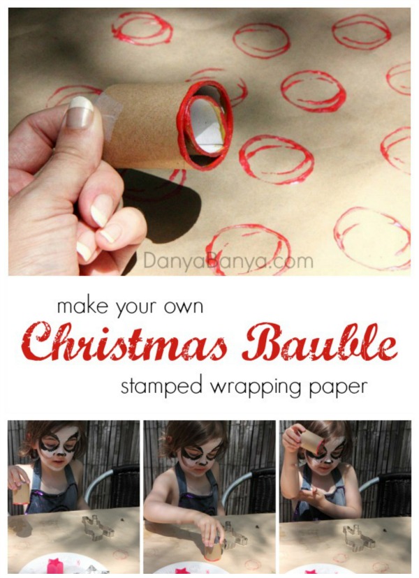 Make your own Christmas Bauble stamped wrapping paper, with a DIY toilet paper roll stamper - fun Christmas art idea for kids