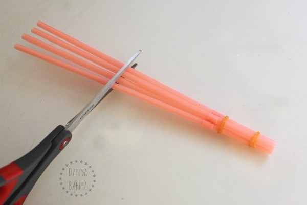 Tie both elastic bands and trim the straws