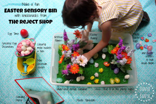 Make a fun Easter Sensory Bin with knickknacks from The Reject Shop