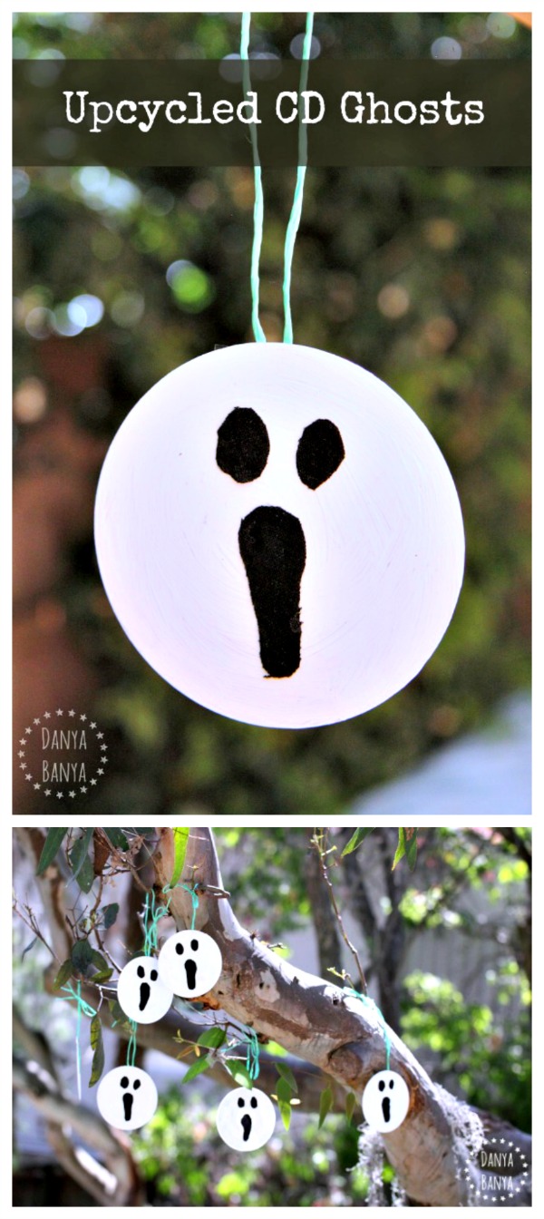 Upcycled CD ghosts that kids can help make - cute DIY decorations for Halloween