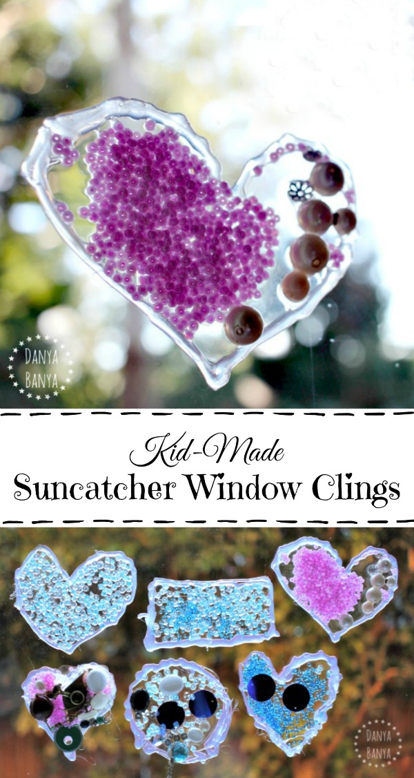 Beautiful Kid-made Suncatcher Window Clings with beads and sequins