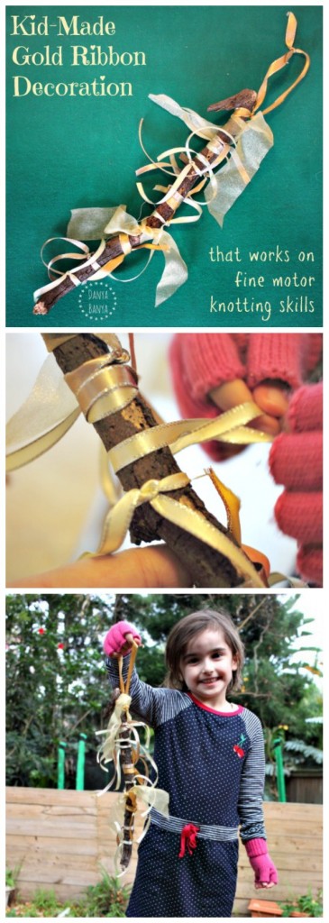 Kid-Made Gold Ribbon Ornament for fine motor knotting practise