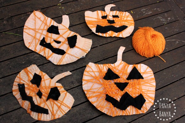 Paper plate and yarn jack-o-lantern kids craft for Halloween