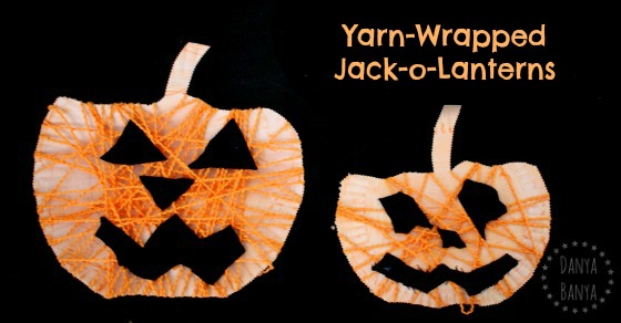 Yarn-wrapped Jack-o-Lanterns for Halloween