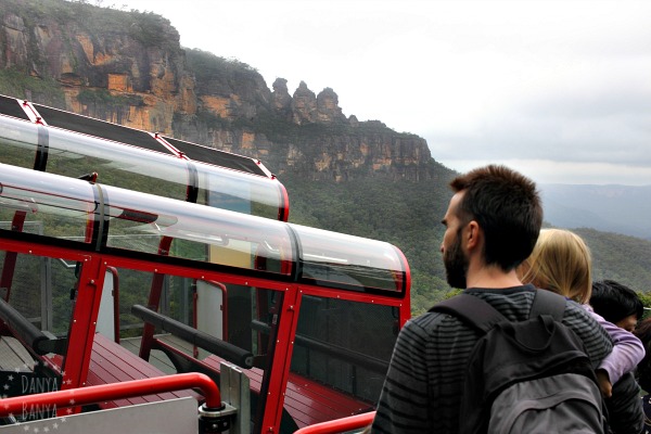 About to board the scenic railway, with view of The Three Sisters in the background