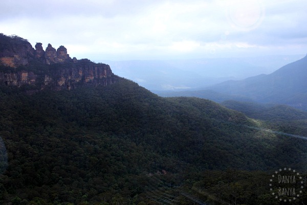 View of The Three Sisters from inside the Scenic Cableway, in Katoomba, Blue Mountains, Australia