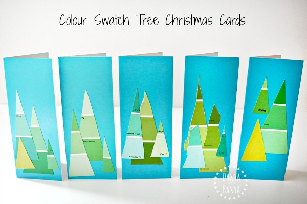 Paint colour swatch Christmas tree cards that preschoolers can make