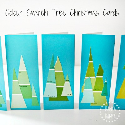 kid-made paint colour swatch tree cards for Christmas