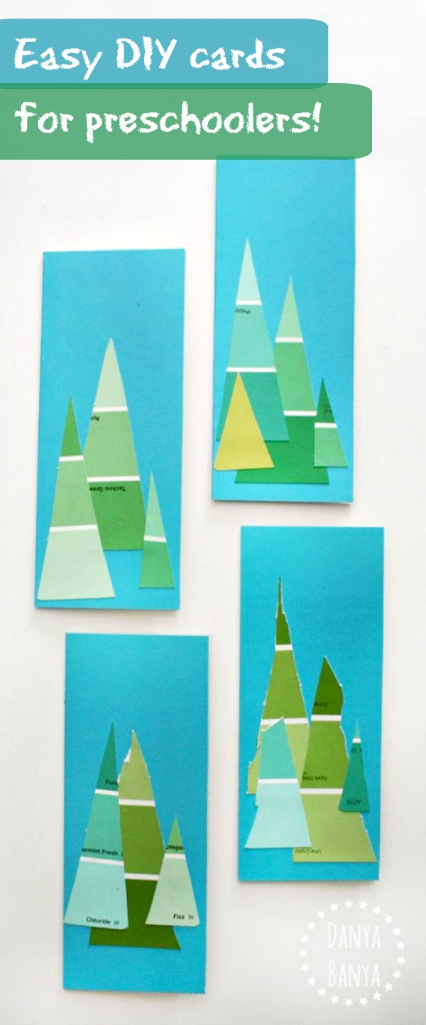 Easy DIY cards for preschoolers make fir trees using paint swatch cards great for Christmas or summer camping theme