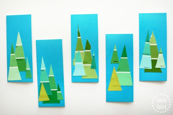 kid-made paint colour swatch tree cards for Christmas