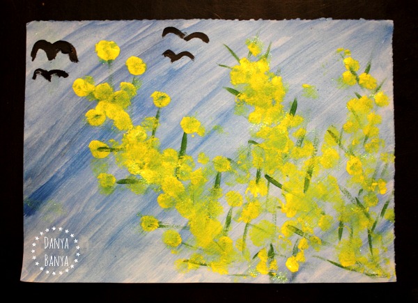 Aussie golden wattle flower painting with pom poms - fun art for kids to learn about Australia and Australian native flora