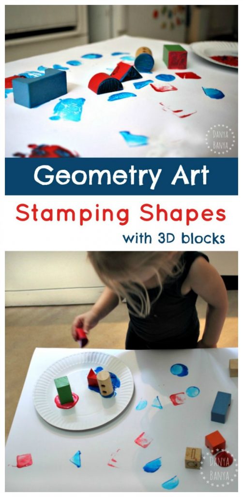 Geometry Art - stamping shapes with 3D Blocks. Hands-on math for kids.