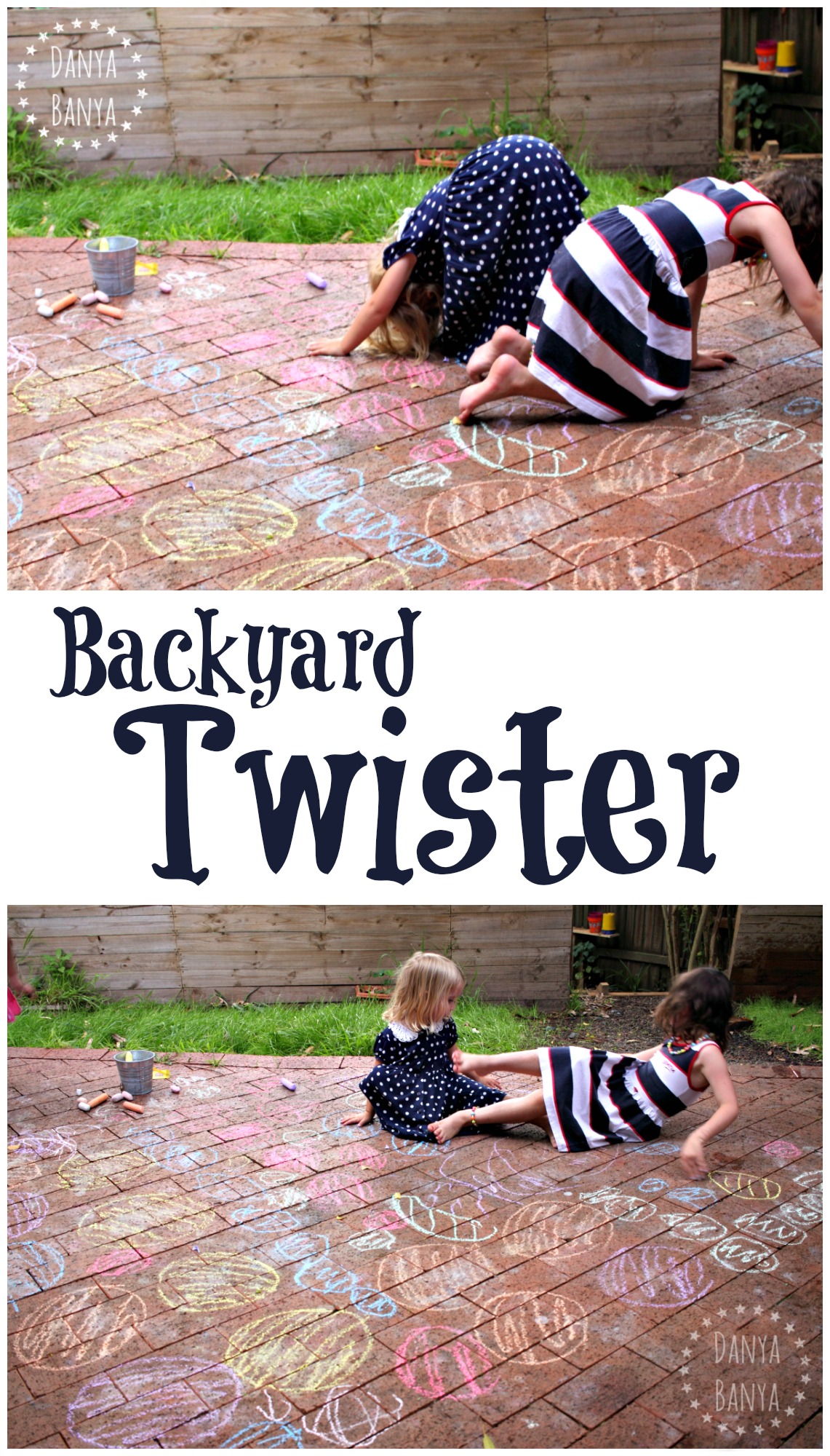 Backyard Twister with chalk! Summer gross motor fun that sneaks in some colour recognition for my preschooler.