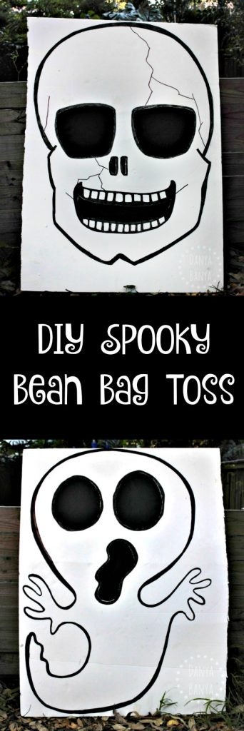 DIY spooky bean bag toss (cornhole) game for kids - with skull and ghost boards