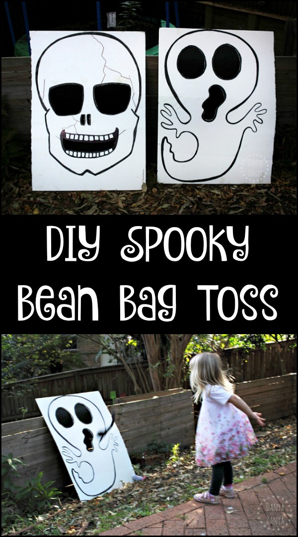 DIY spooky ghost and skull Halloween decorations and bean bag toss game for kids