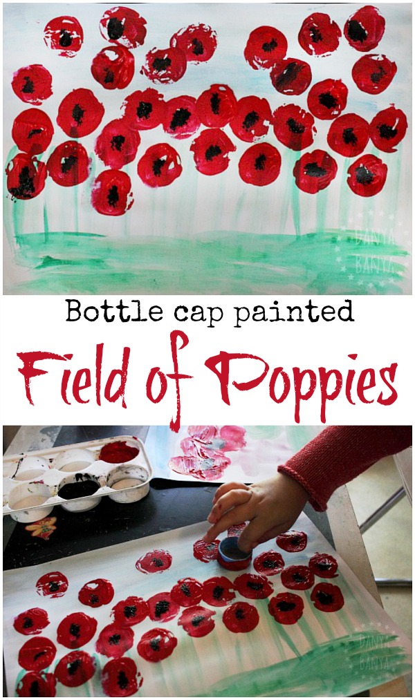 Bottle cap painted field of poppies art - to observe the symbol of the red poppy flower to help kids learn about and commemorate Anzac Day, Remembrance Day or Veterans' Day.