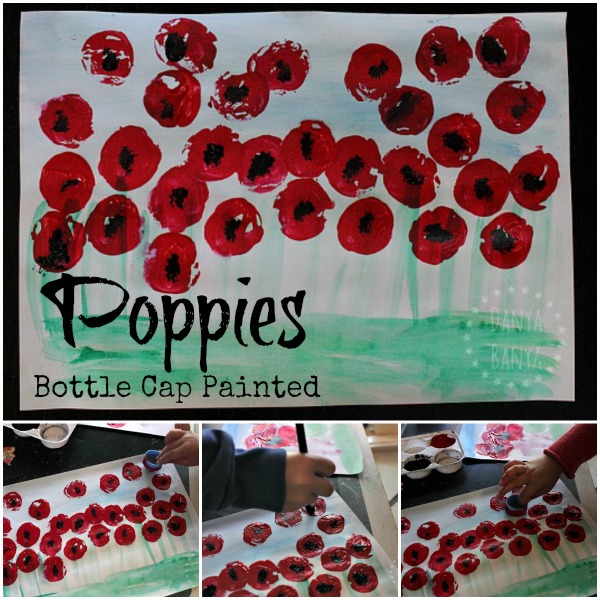 Bottle cap painted field of poppies art - to observe the symbol of the red poppy to help kids learn about and commemorate Anzac Day, Remembrance Day or Veterans' Day.