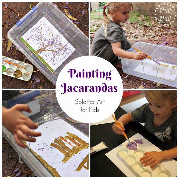 Painting Jacaranda trees when the flowers are blooming - splatter art idea for kids