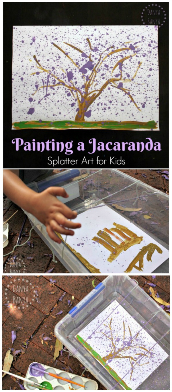 Painting a Jacaranda tree - so many purple flowers! Fun splatter art idea for kids.