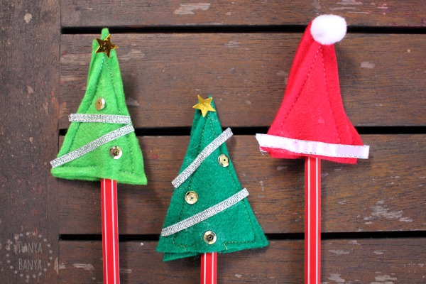 DIY Christmas tree and Santa hat pencil toppers - great for class gifts for school