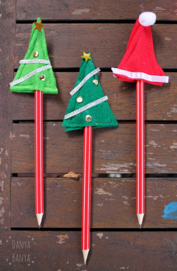 DIY Christmas tree and Santa hat pencil toppers - great as class gifts for school kids