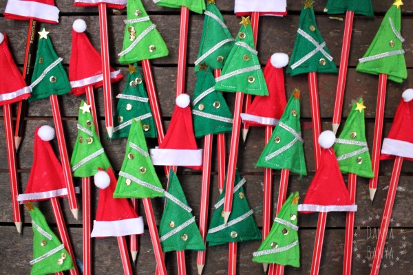 Homemade class gifts - Christmas tree and Santa hat pencil toppers