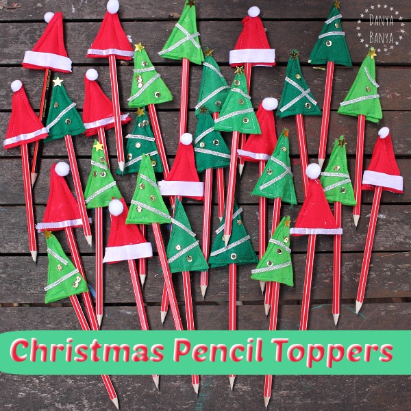 Santa hat and Christmas tree pencil toppers - cute class gifts for kids to give out at school for Christmas